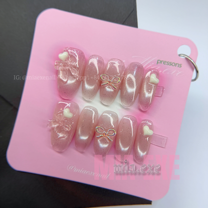 Press on Nails | Pink Cat Eye with 3D Bow & Heart Charms, Daily Nail Style, Almond Shape, Medium Length Luxury Handmade Fake Nails