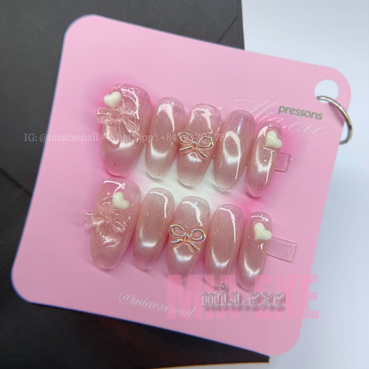 Press on Nails | Pink Cat Eye with 3D Bow & Heart Charms, Daily Nail Style, Almond Shape, Medium Length Luxury Handmade Fake Nails