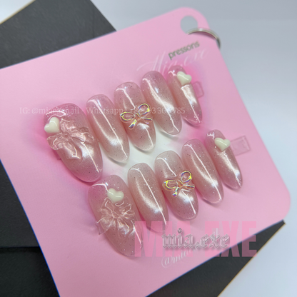 Press on Nails | Pink Cat Eye with 3D Bow & Heart Charms, Daily Nail Style, Almond Shape, Medium Length Luxury Handmade Fake Nails