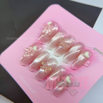 Press on Nails | Pink Cat Eye with 3D Bow & Heart Charms, Daily Nail Style, Almond Shape, Medium Length Luxury Handmade Fake Nails