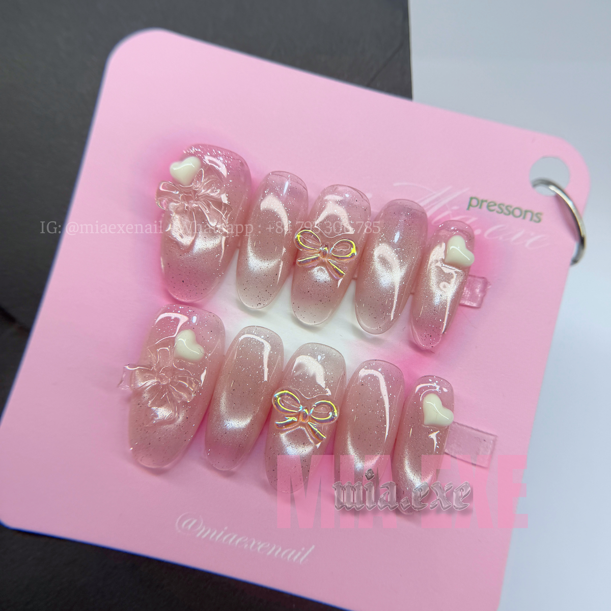 Press on Nails | Pink Cat Eye with 3D Bow & Heart Charms, Daily Nail Style, Almond Shape, Medium Length Luxury Handmade Fake Nails