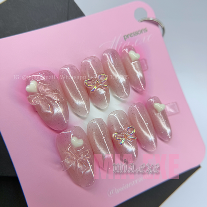 Press on Nails | Pink Cat Eye with 3D Bow & Heart Charms, Daily Nail Style, Almond Shape, Medium Length Luxury Handmade Fake Nails