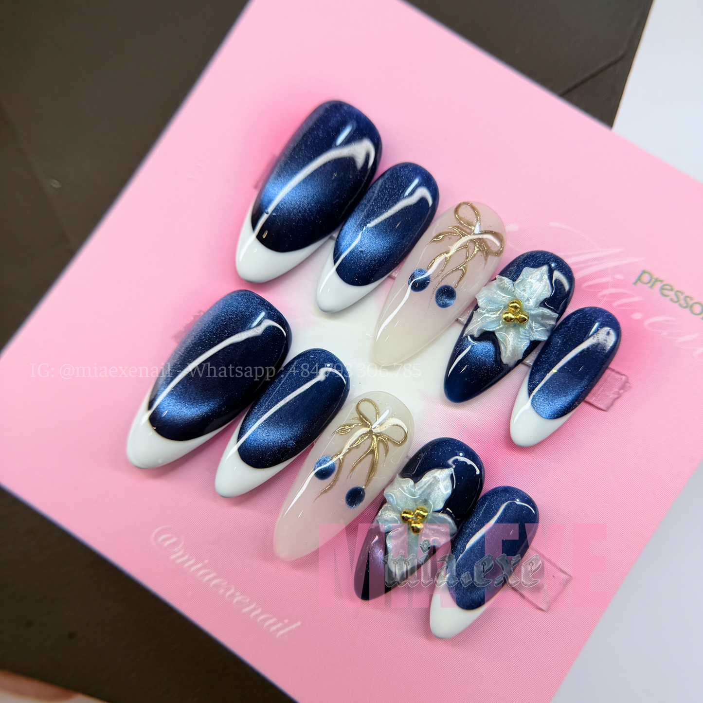 Press on Nails | Navy Blue Cat Eye with White French Tip & 3D Floral Charm, Daily Nail Style, Almond Shape, Medium Length Luxury Handmade Fake Nails
