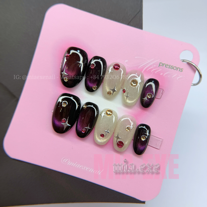 Press on Nails | Dark Burgundy & Champagne Cat Eye with Celestial Gems, Daily Nail Style, Almond Shape, Medium Length Luxury Handmade Fake Nails