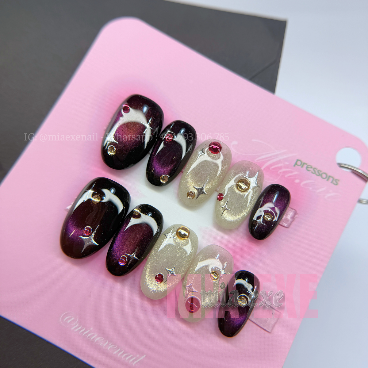 Press on Nails | Dark Burgundy & Champagne Cat Eye with Celestial Gems, Daily Nail Style, Almond Shape, Medium Length Luxury Handmade Fake Nails