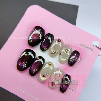Press on Nails | Dark Burgundy & Champagne Cat Eye with Celestial Gems, Daily Nail Style, Almond Shape, Medium Length Luxury Handmade Fake Nails