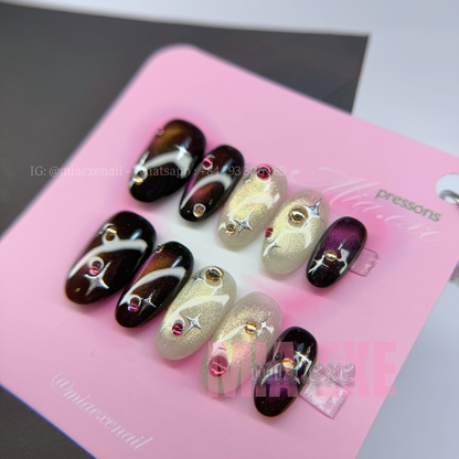 Press on Nails | Dark Burgundy & Champagne Cat Eye with Celestial Gems, Daily Nail Style, Almond Shape, Medium Length Luxury Handmade Fake Nails
