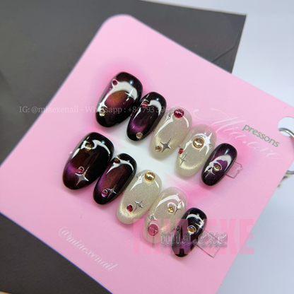 Press on Nails | Dark Burgundy & Champagne Cat Eye with Celestial Gems, Daily Nail Style, Almond Shape, Medium Length Luxury Handmade Fake Nails