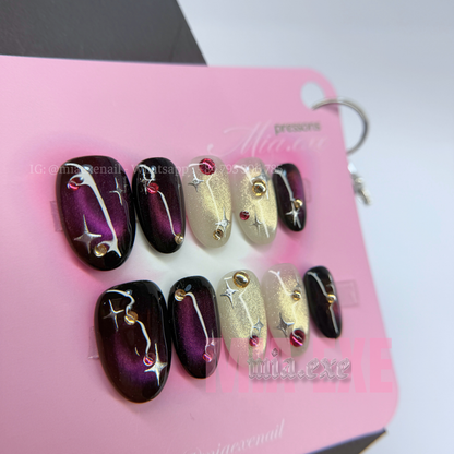 Press on Nails | Dark Burgundy & Champagne Cat Eye with Celestial Gems, Daily Nail Style, Almond Shape, Medium Length Luxury Handmade Fake Nails