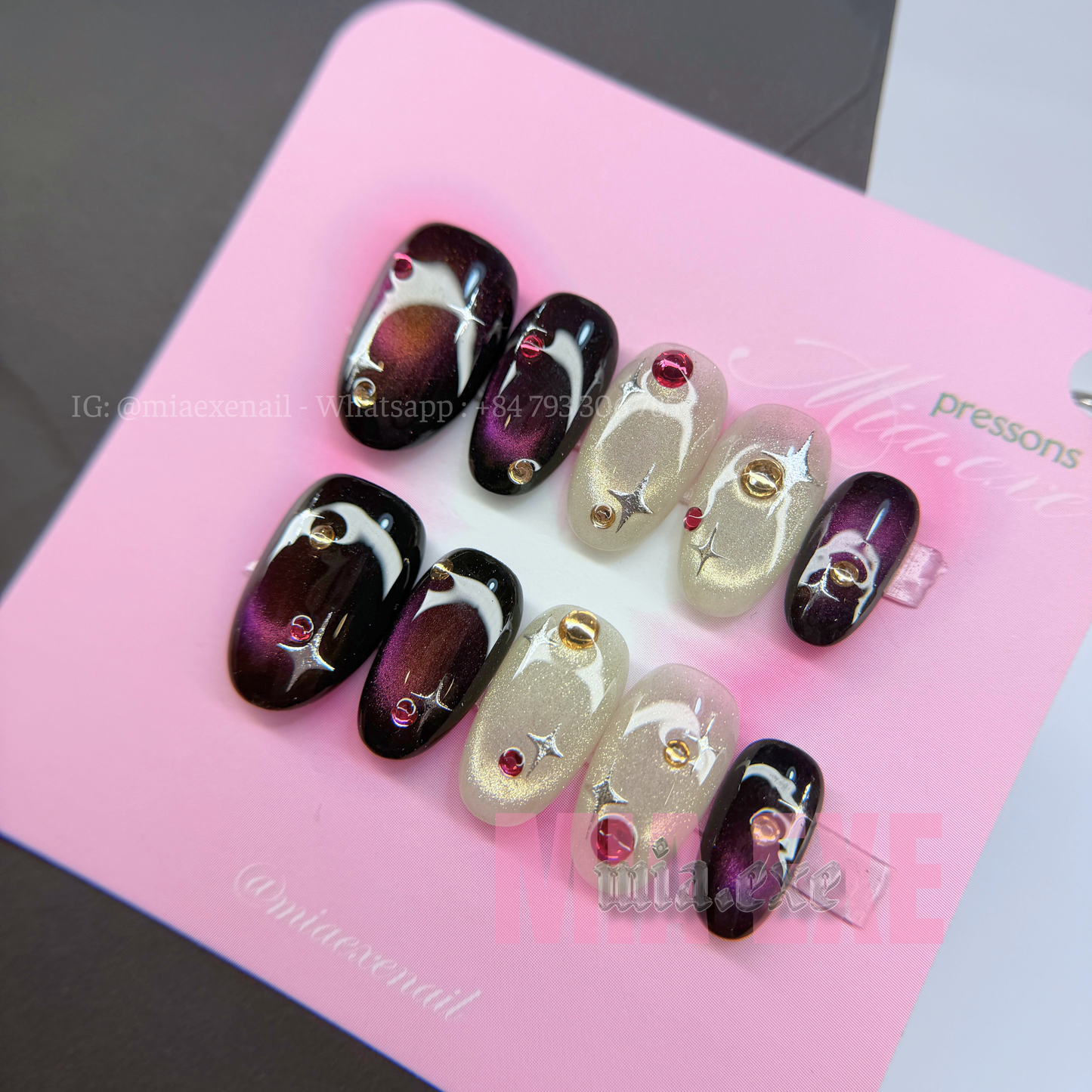Press on Nails | Dark Burgundy & Champagne Cat Eye with Celestial Gems, Daily Nail Style, Almond Shape, Medium Length Luxury Handmade Fake Nails