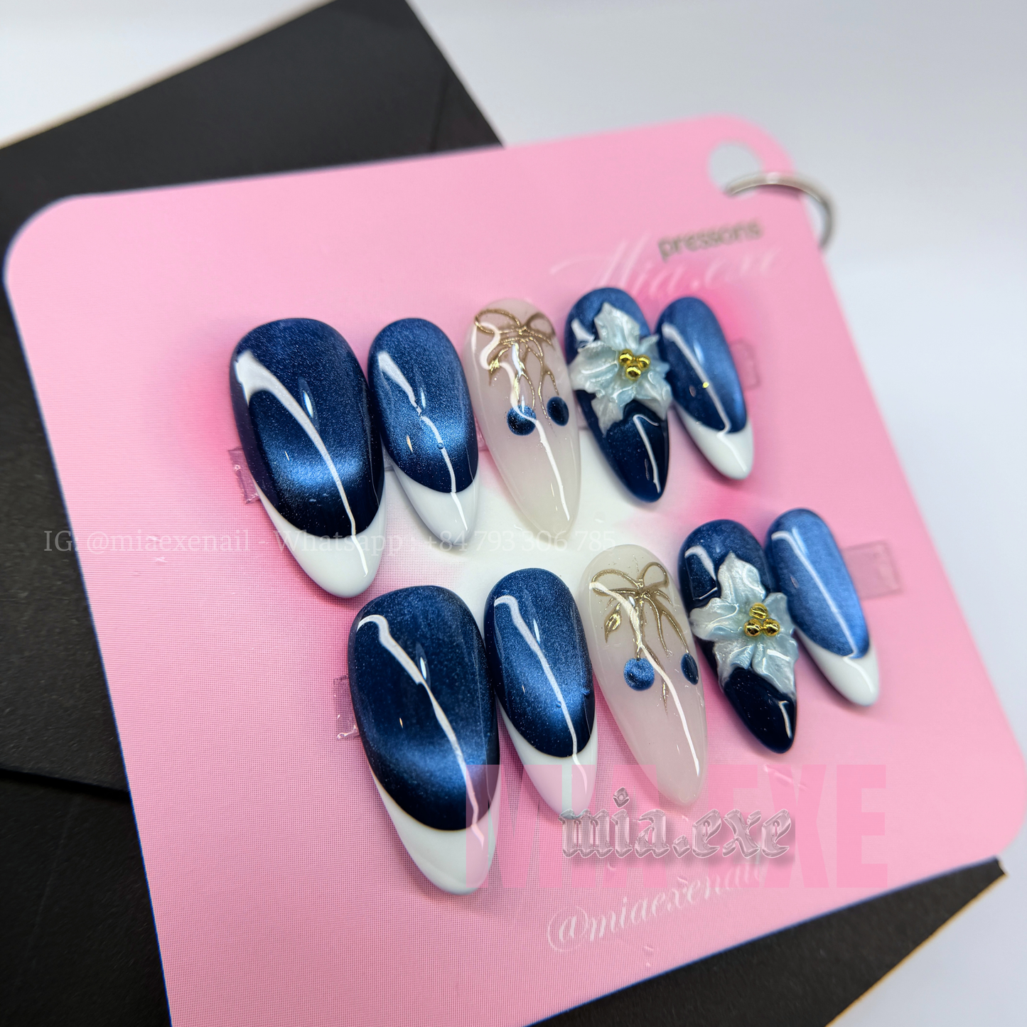 Press on Nails | Navy Blue Cat Eye with White French Tip & 3D Floral Charm, Daily Nail Style, Almond Shape, Medium Length Luxury Handmade Fake Nails