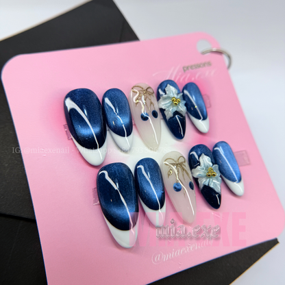 Press on Nails | Navy Blue Cat Eye with White French Tip & 3D Floral Charm, Daily Nail Style, Almond Shape, Medium Length Luxury Handmade Fake Nails