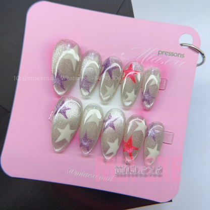 Press on Nails | Silver Cat Eye with Celestial Star Accents, Daily Nail Style, Almond Shape, Medium Length Luxury Handmade Fake Nails