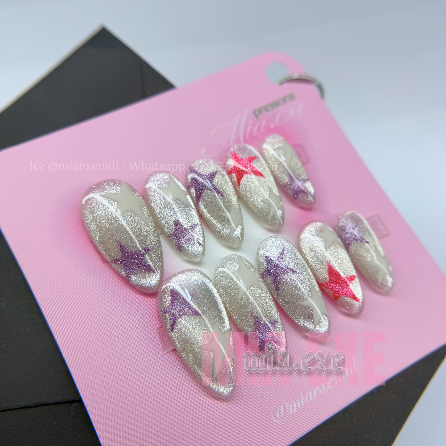 Press on Nails | Silver Cat Eye with Celestial Star Accents, Daily Nail Style, Almond Shape, Medium Length Luxury Handmade Fake Nails