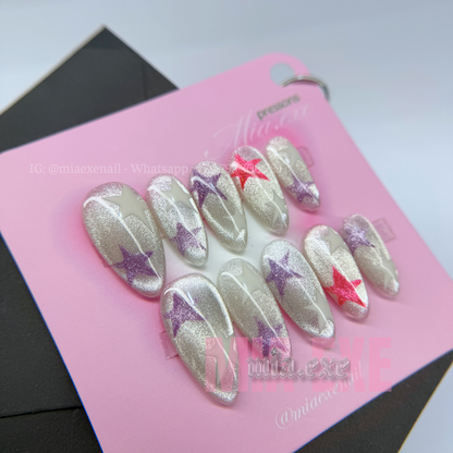 Press on Nails | Silver Cat Eye with Celestial Star Accents, Daily Nail Style, Almond Shape, Medium Length Luxury Handmade Fake Nails
