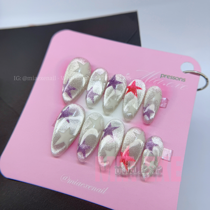 Press on Nails | Silver Cat Eye with Celestial Star Accents, Daily Nail Style, Almond Shape, Medium Length Luxury Handmade Fake Nails
