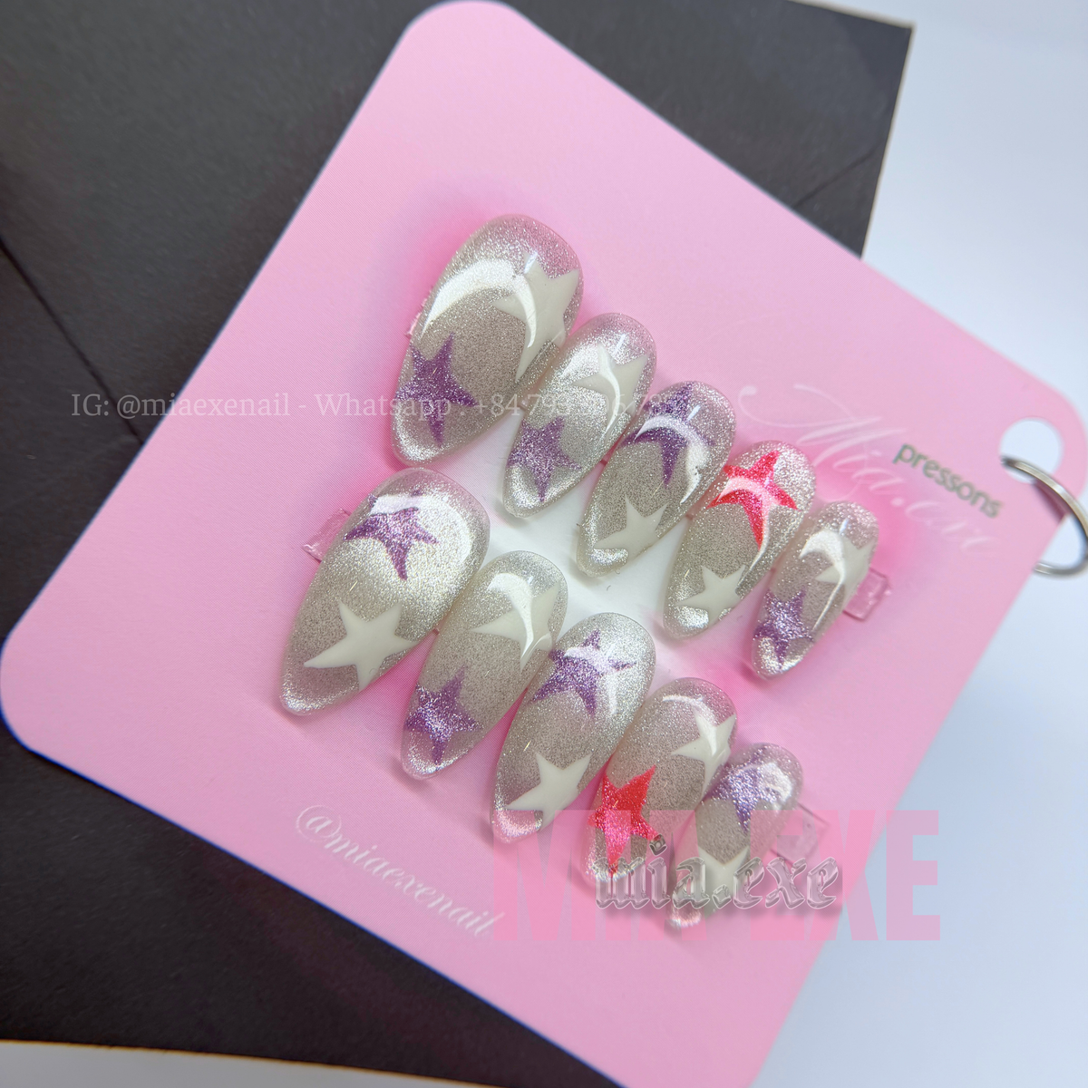 Press on Nails | Silver Cat Eye with Celestial Star Accents, Daily Nail Style, Almond Shape, Medium Length Luxury Handmade Fake Nails