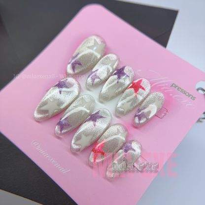 Press on Nails | Silver Cat Eye with Celestial Star Accents, Daily Nail Style, Almond Shape, Medium Length Luxury Handmade Fake Nails