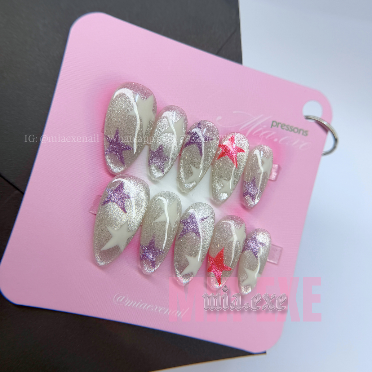 Press on Nails | Silver Cat Eye with Celestial Star Accents, Daily Nail Style, Almond Shape, Medium Length Luxury Handmade Fake Nails