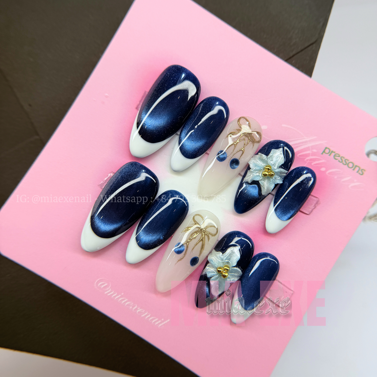 Press on Nails | Navy Blue Cat Eye with White French Tip & 3D Floral Charm, Daily Nail Style, Almond Shape, Medium Length Luxury Handmade Fake Nails