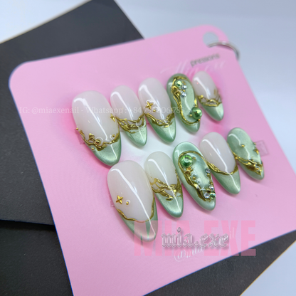 Press on Nails | Sage Green Cat Eye with Gold Swirl & Gem Accents, Daily Nail Style, Almond Shape, Medium Length Luxury Handmade Fake Nails