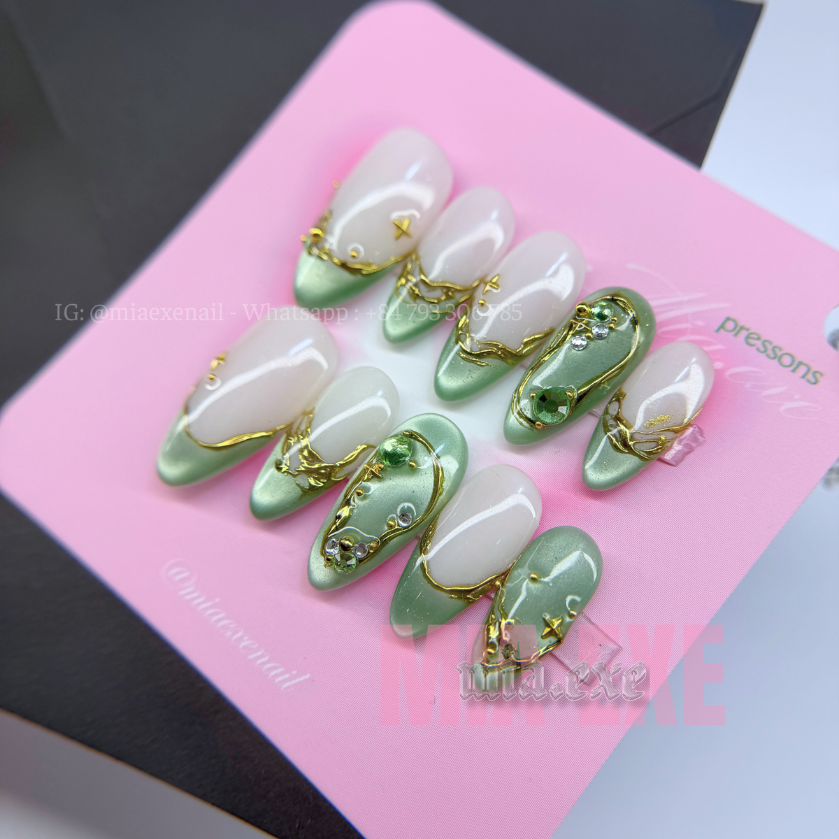 Press on Nails | Sage Green Cat Eye with Gold Swirl & Gem Accents, Daily Nail Style, Almond Shape, Medium Length Luxury Handmade Fake Nails