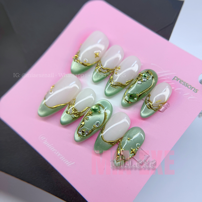 Press on Nails | Sage Green Cat Eye with Gold Swirl & Gem Accents, Daily Nail Style, Almond Shape, Medium Length Luxury Handmade Fake Nails