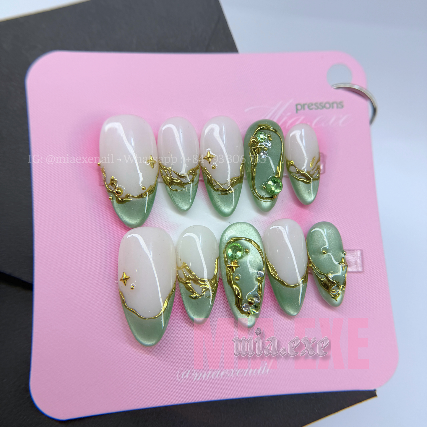 Press on Nails | Sage Green Cat Eye with Gold Swirl & Gem Accents, Daily Nail Style, Almond Shape, Medium Length Luxury Handmade Fake Nails