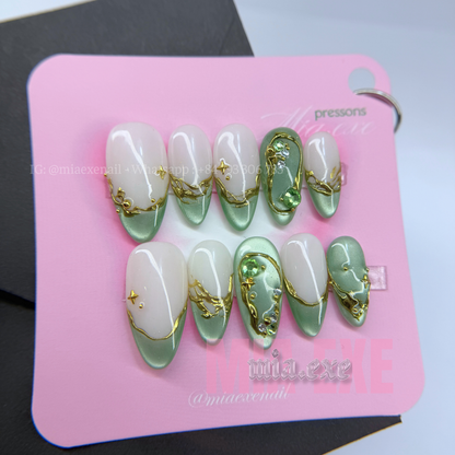 Press on Nails | Sage Green Cat Eye with Gold Swirl & Gem Accents, Daily Nail Style, Almond Shape, Medium Length Luxury Handmade Fake Nails