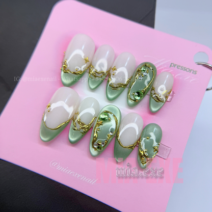 Press on Nails | Sage Green Cat Eye with Gold Swirl & Gem Accents, Daily Nail Style, Almond Shape, Medium Length Luxury Handmade Fake Nails