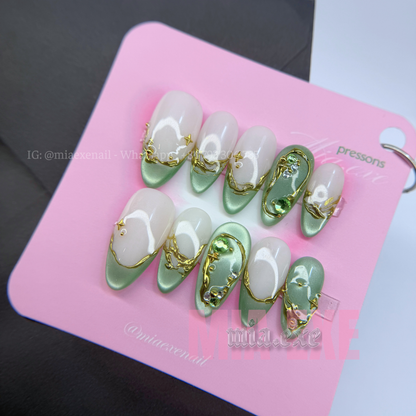 Press on Nails | Sage Green Cat Eye with Gold Swirl & Gem Accents, Daily Nail Style, Almond Shape, Medium Length Luxury Handmade Fake Nails
