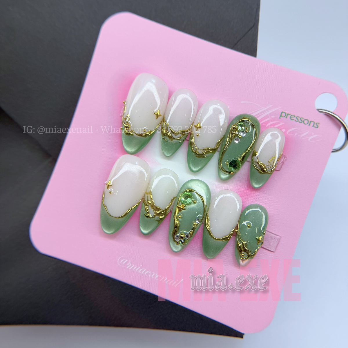 Press on Nails | Sage Green Cat Eye with Gold Swirl & Gem Accents, Daily Nail Style, Almond Shape, Medium Length Luxury Handmade Fake Nails