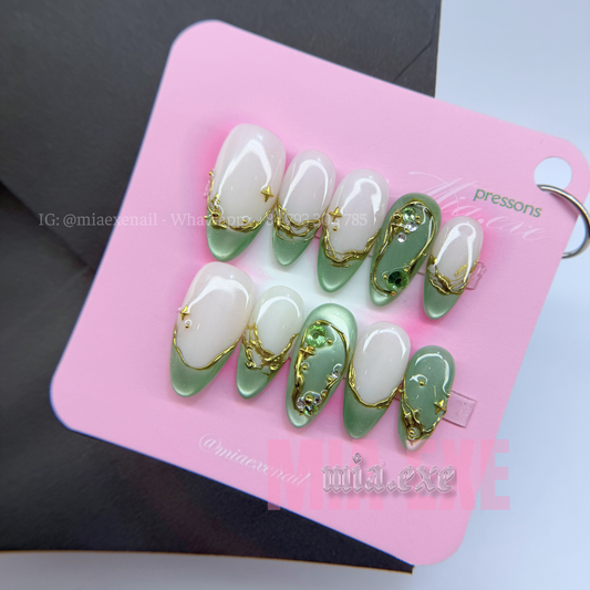 Press on Nails | Sage Green Cat Eye with Gold Swirl & Gem Accents, Daily Nail Style, Almond Shape, Medium Length Luxury Handmade Fake Nails