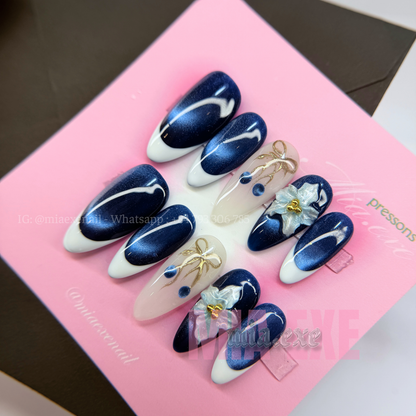 Press on Nails | Navy Blue Cat Eye with White French Tip & 3D Floral Charm, Daily Nail Style, Almond Shape, Medium Length Luxury Handmade Fake Nails