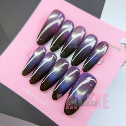 Press on Nails | Purple Ombre Cat Eye with Glowing Arch Line, Daily Nail Style, Almond Shape, Medium Length Luxury Handmade Fake Nails