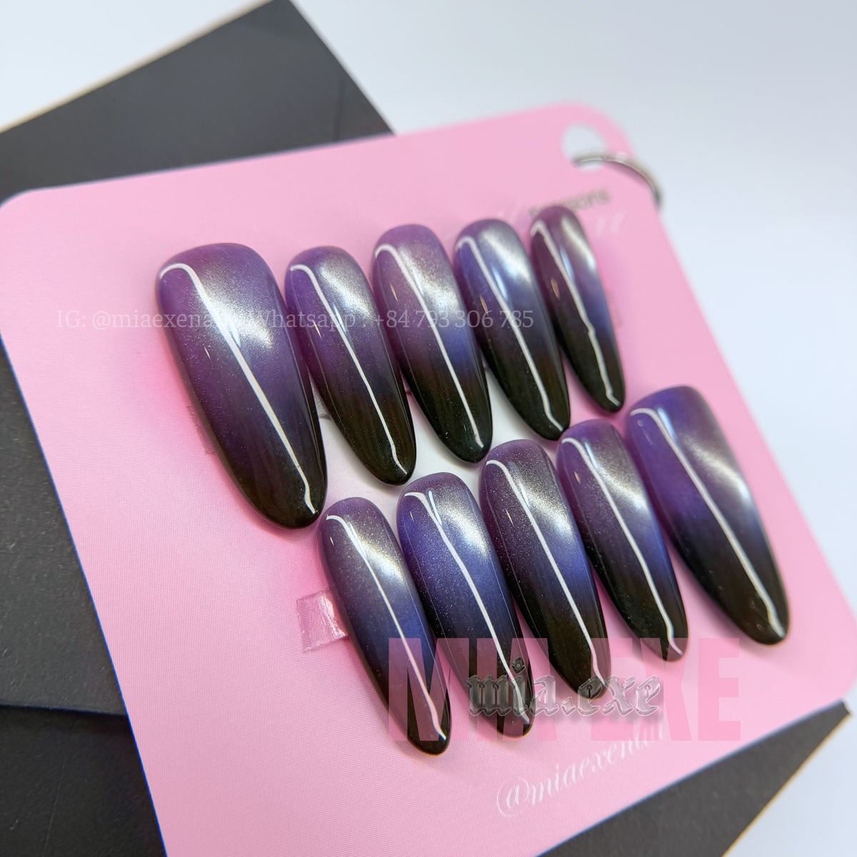 Press on Nails | Purple Ombre Cat Eye with Glowing Arch Line, Daily Nail Style, Almond Shape, Medium Length Luxury Handmade Fake Nails