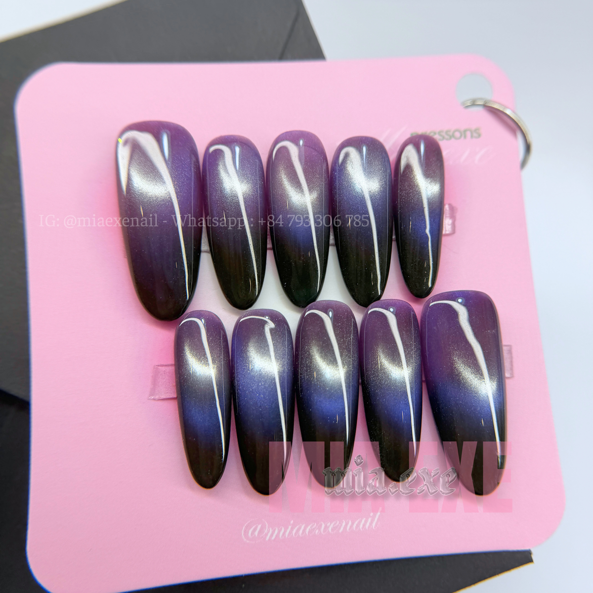 Press on Nails | Purple Ombre Cat Eye with Glowing Arch Line, Daily Nail Style, Almond Shape, Medium Length Luxury Handmade Fake Nails