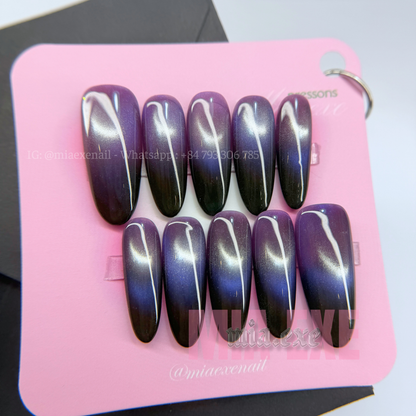 Press on Nails | Purple Ombre Cat Eye with Glowing Arch Line, Daily Nail Style, Almond Shape, Medium Length Luxury Handmade Fake Nails