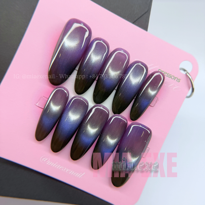 Press on Nails | Purple Ombre Cat Eye with Glowing Arch Line, Daily Nail Style, Almond Shape, Medium Length Luxury Handmade Fake Nails