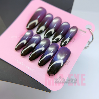 Press on Nails | Purple Ombre Cat Eye with Glowing Arch Line, Daily Nail Style, Almond Shape, Medium Length Luxury Handmade Fake Nails