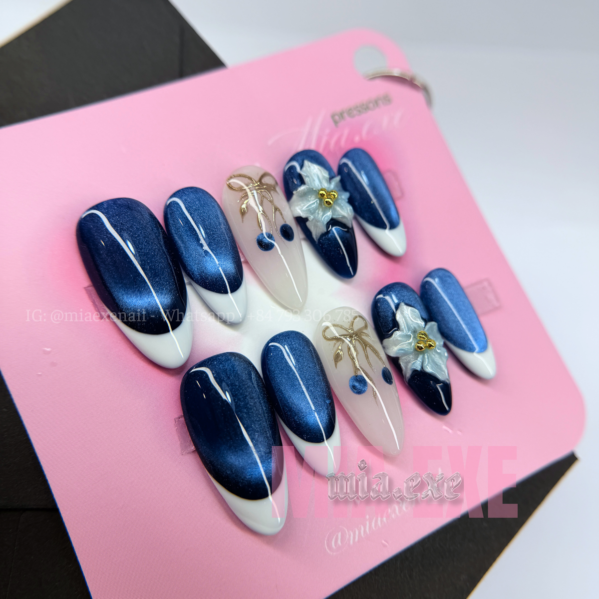 Press on Nails | Navy Blue Cat Eye with White French Tip & 3D Floral Charm, Daily Nail Style, Almond Shape, Medium Length Luxury Handmade Fake Nails