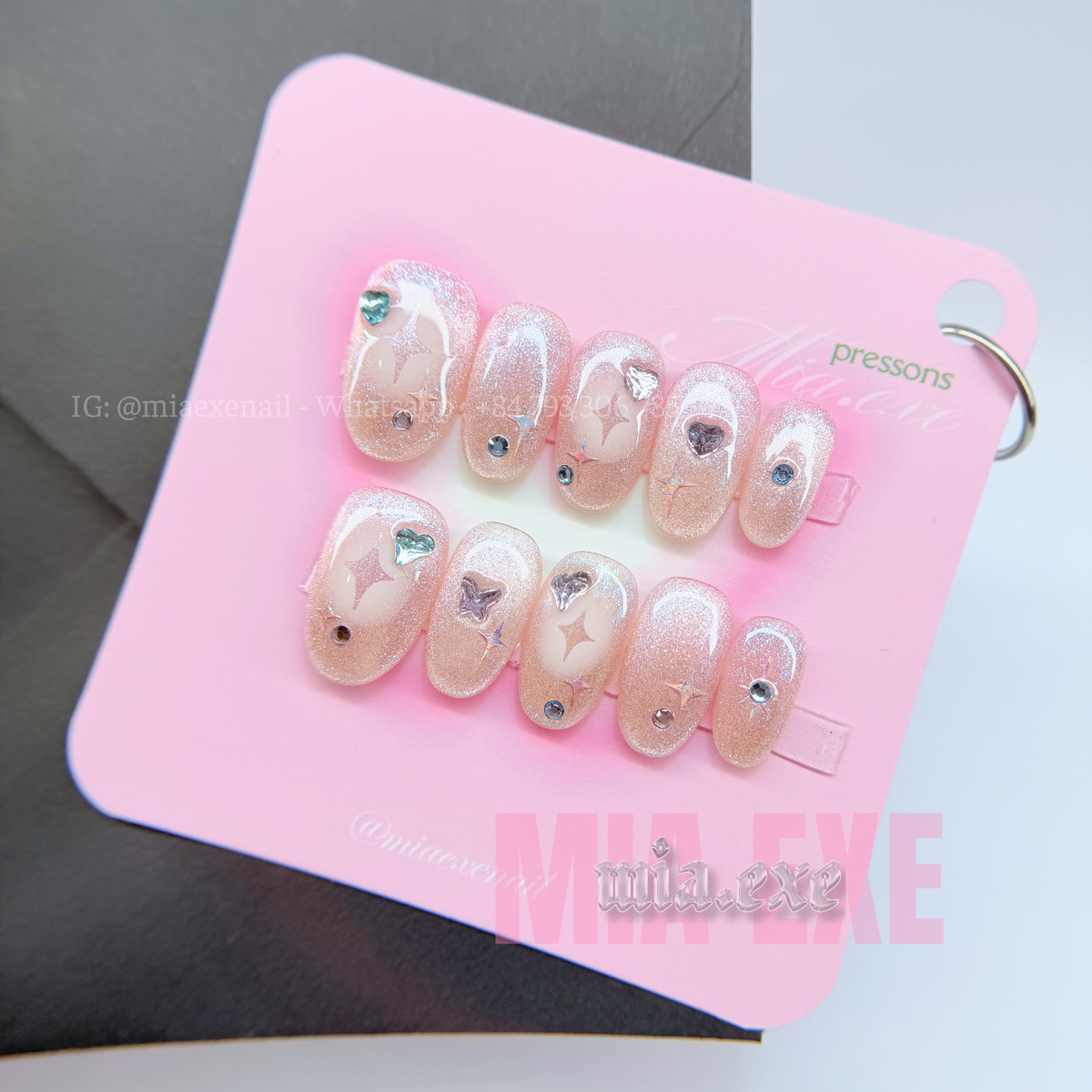 Press on Nails | Shimmering Pink Cat Eye with Celestial Hearts & Stars, Daily Nail Style, Almond Shape, Medium Length Luxury Handmade Fake Nails