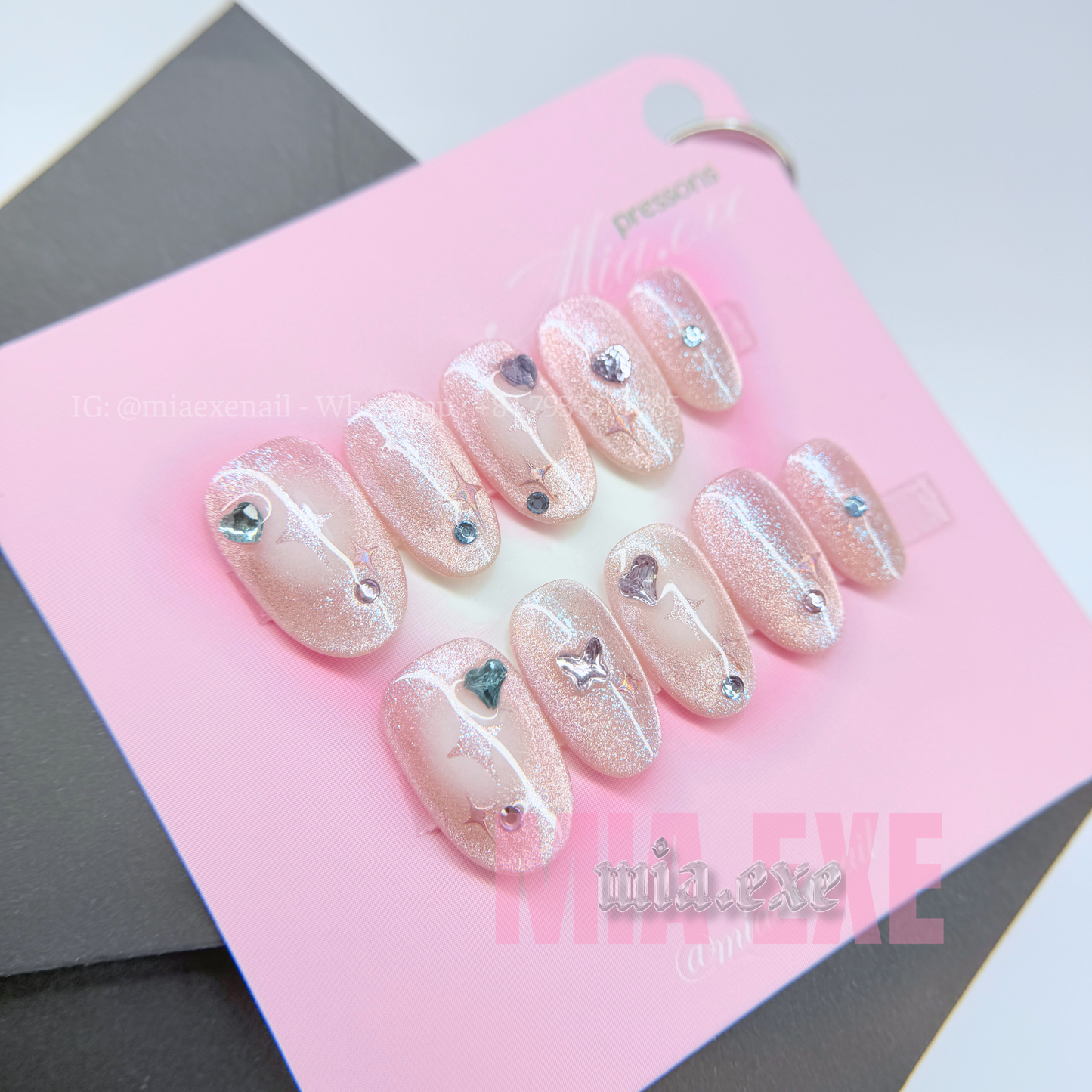 Press on Nails | Shimmering Pink Cat Eye with Celestial Hearts & Stars, Daily Nail Style, Almond Shape, Medium Length Luxury Handmade Fake Nails