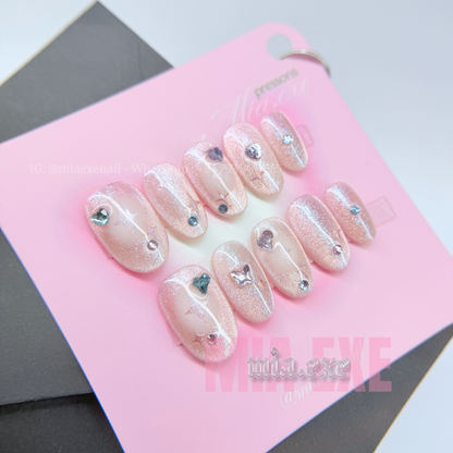 Press on Nails | Shimmering Pink Cat Eye with Celestial Hearts & Stars, Daily Nail Style, Almond Shape, Medium Length Luxury Handmade Fake Nails