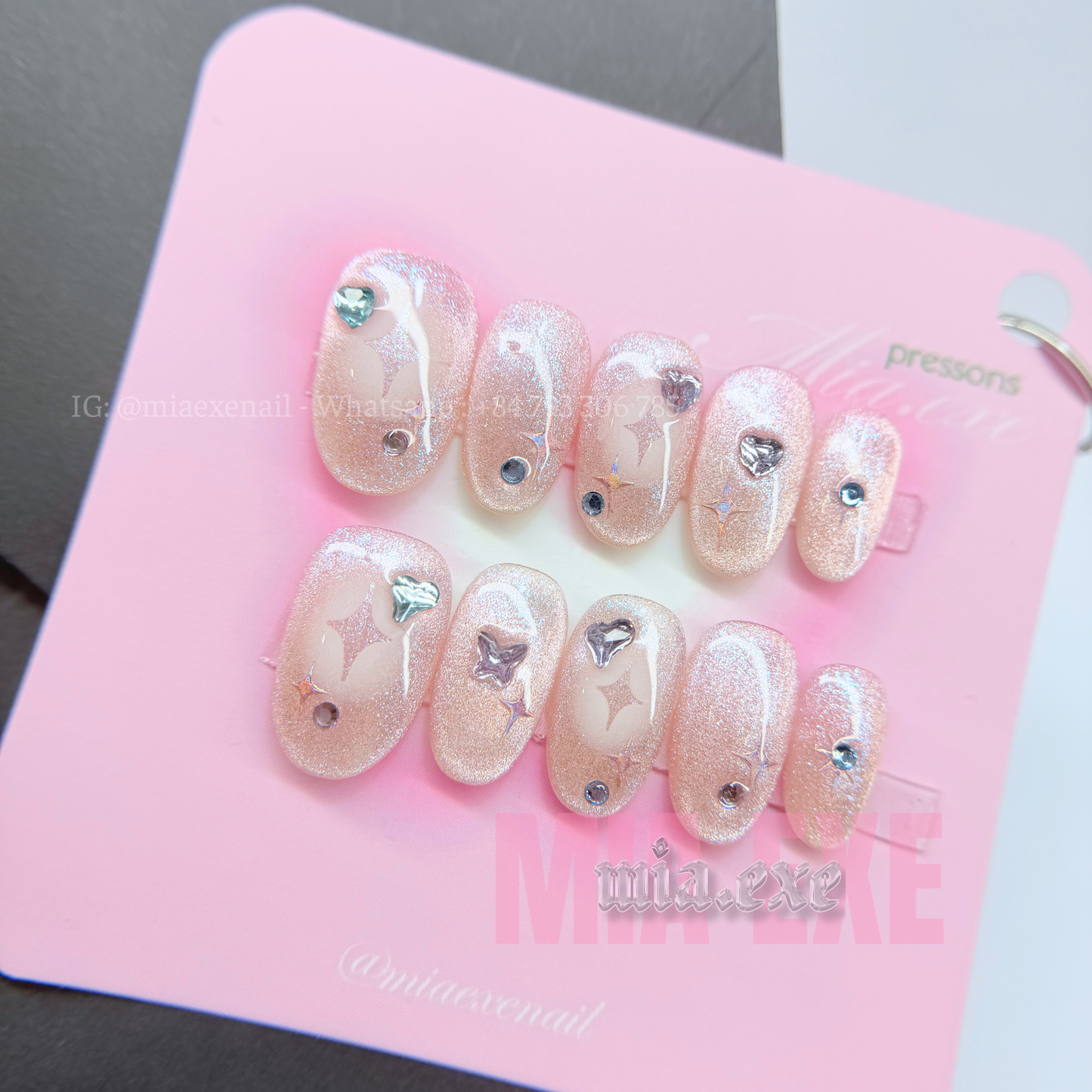 Press on Nails | Shimmering Pink Cat Eye with Celestial Hearts & Stars, Daily Nail Style, Almond Shape, Medium Length Luxury Handmade Fake Nails