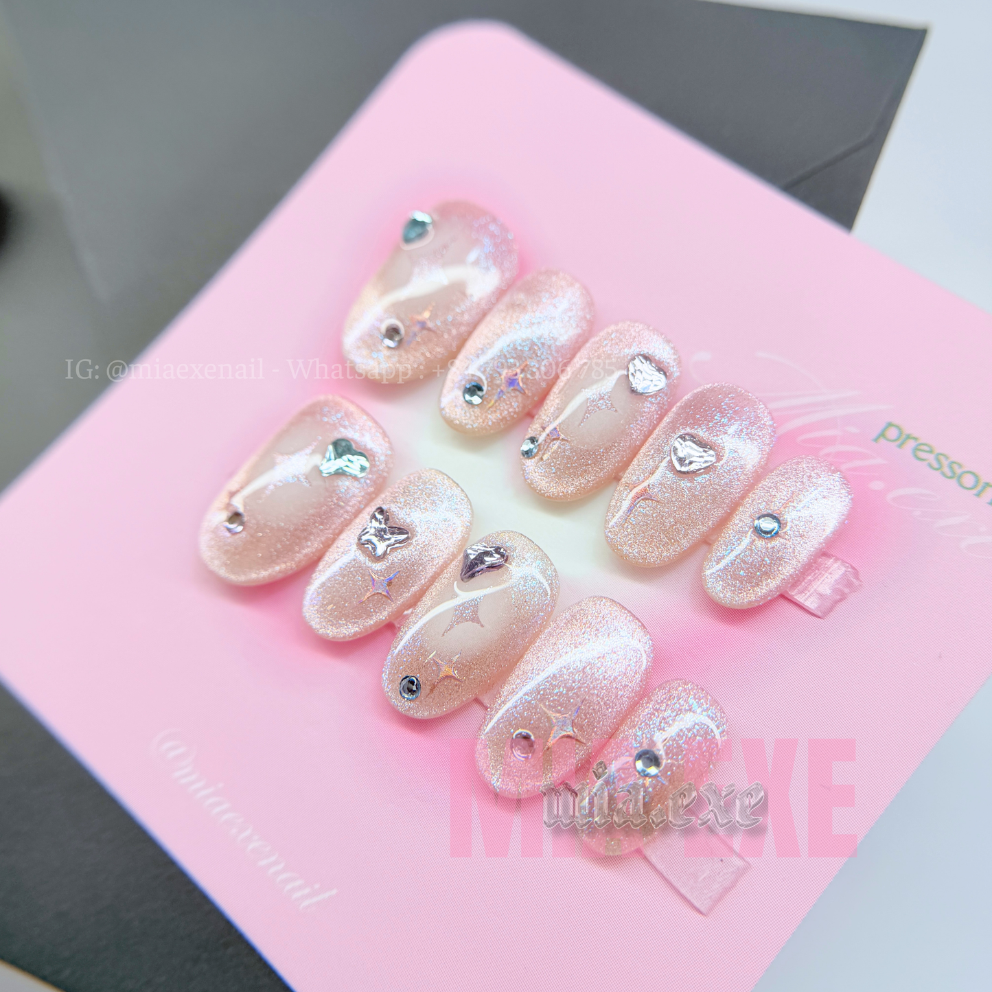 Press on Nails | Shimmering Pink Cat Eye with Celestial Hearts & Stars, Daily Nail Style, Almond Shape, Medium Length Luxury Handmade Fake Nails