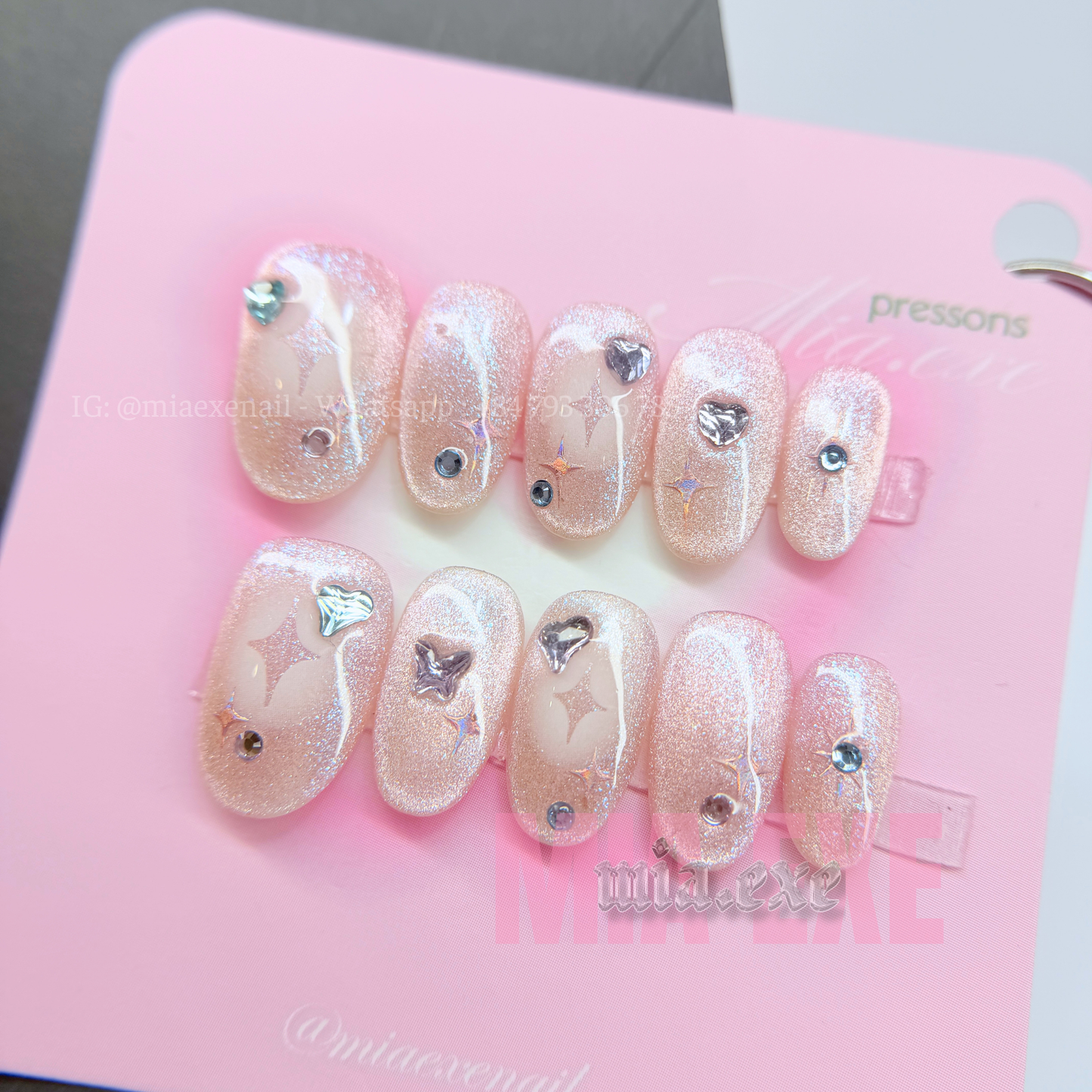 Press on Nails | Shimmering Pink Cat Eye with Celestial Hearts & Stars, Daily Nail Style, Almond Shape, Medium Length Luxury Handmade Fake Nails