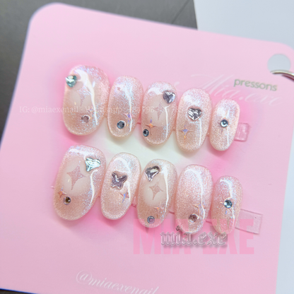 Press on Nails | Shimmering Pink Cat Eye with Celestial Hearts & Stars, Daily Nail Style, Almond Shape, Medium Length Luxury Handmade Fake Nails