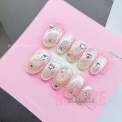 Press on Nails | Shimmering Pink Cat Eye with Celestial Hearts & Stars, Daily Nail Style, Almond Shape, Medium Length Luxury Handmade Fake Nails
