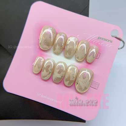 Press on Nails | Shimmering Cat Eye with Butterfly Accent, Daily Nail Style, Almond Shape, Medium Length Luxury Handmade Fake Nails